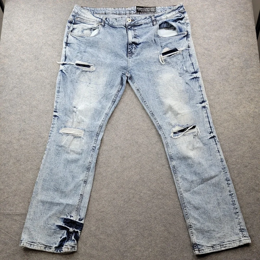 M.Society‎ Jeans Mens 44x32 Light Acid Wash Blue Straight Distressed Denim Pants